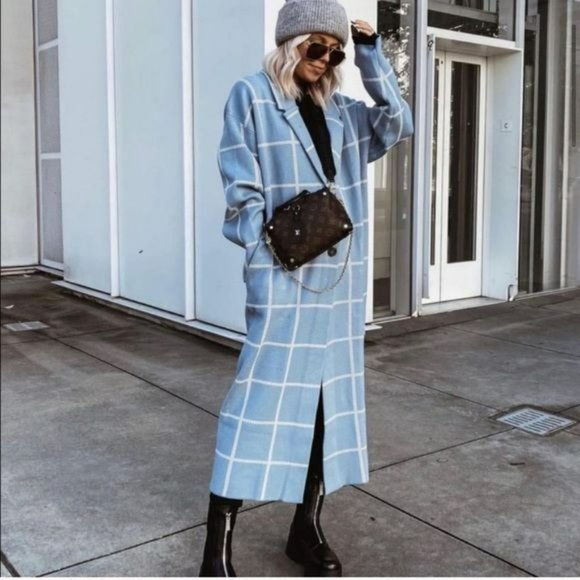 NWT ZARA PLAID COAT BLUE WHITE M BLOGGER'S FAV - Picture 7 of 11